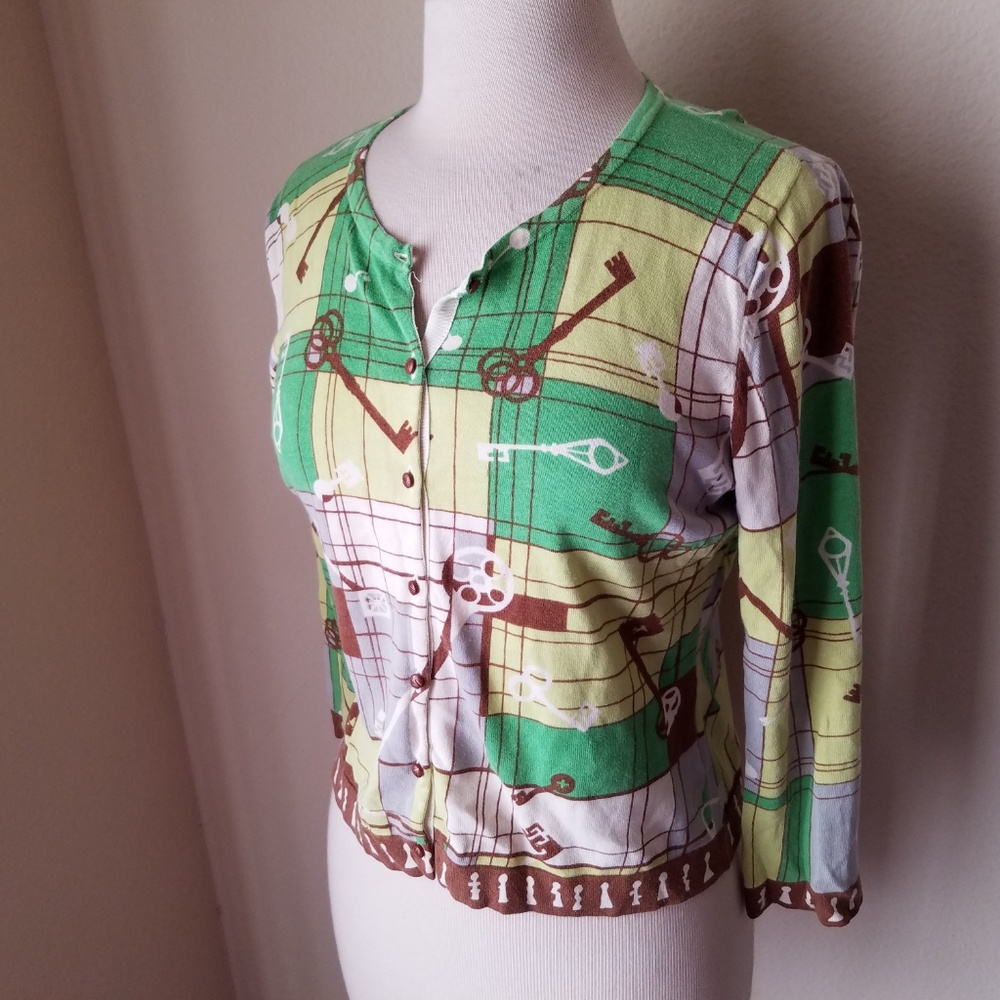 Cabi Green Key Print Button Up Cardigan Sweater - image 5